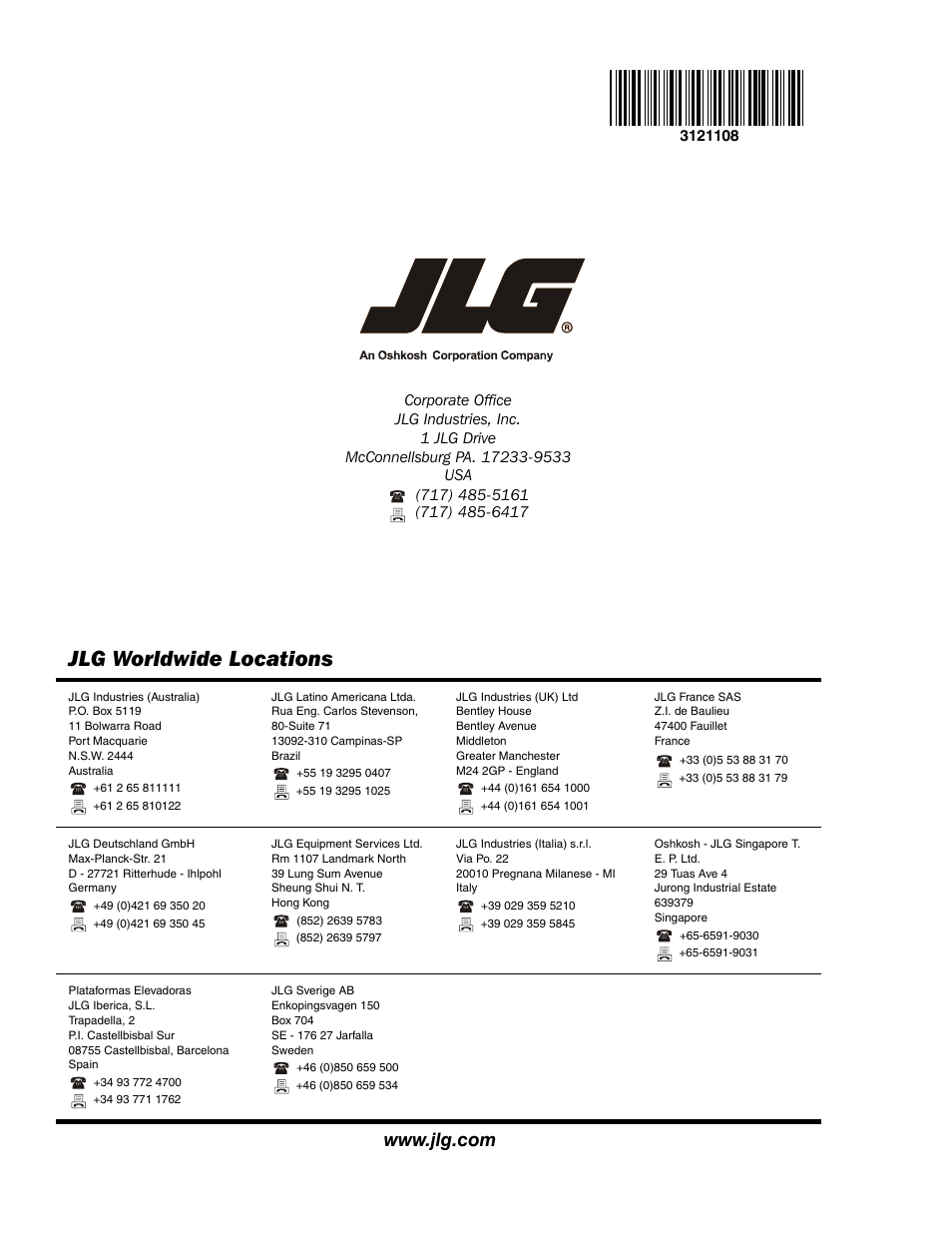 Jlg worldwide locations | JLG 260MRT ANSI Service Manual User Manual | Page 106 / 106