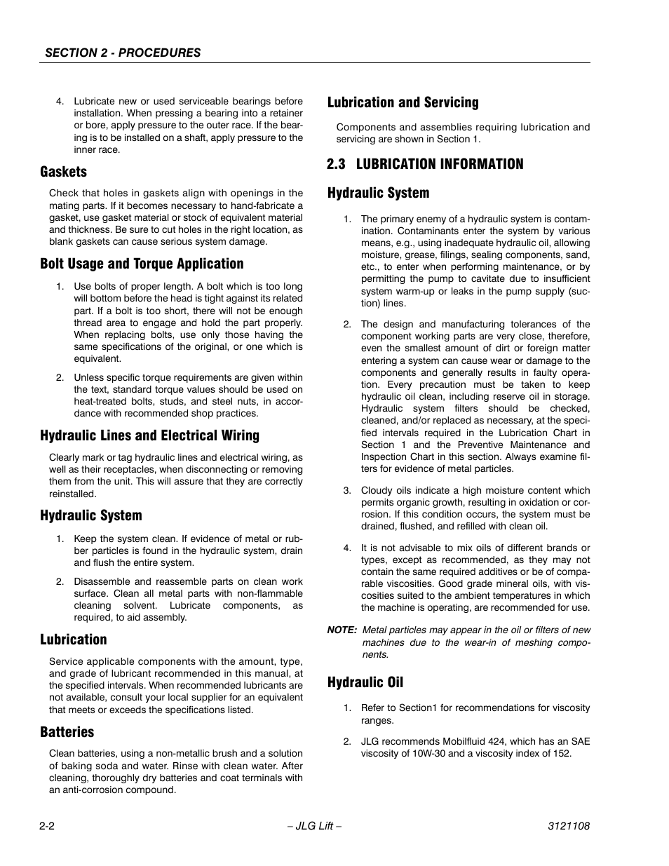 Gaskets, Bolt usage and torque application, Hydraulic lines and electrical wiring | Hydraulic system, Lubrication, Batteries, Lubrication and servicing, 3 lubrication information, Hydraulic oil, Lubrication information -2 | JLG 260MRT ANSI Service Manual User Manual | Page 24 / 106
