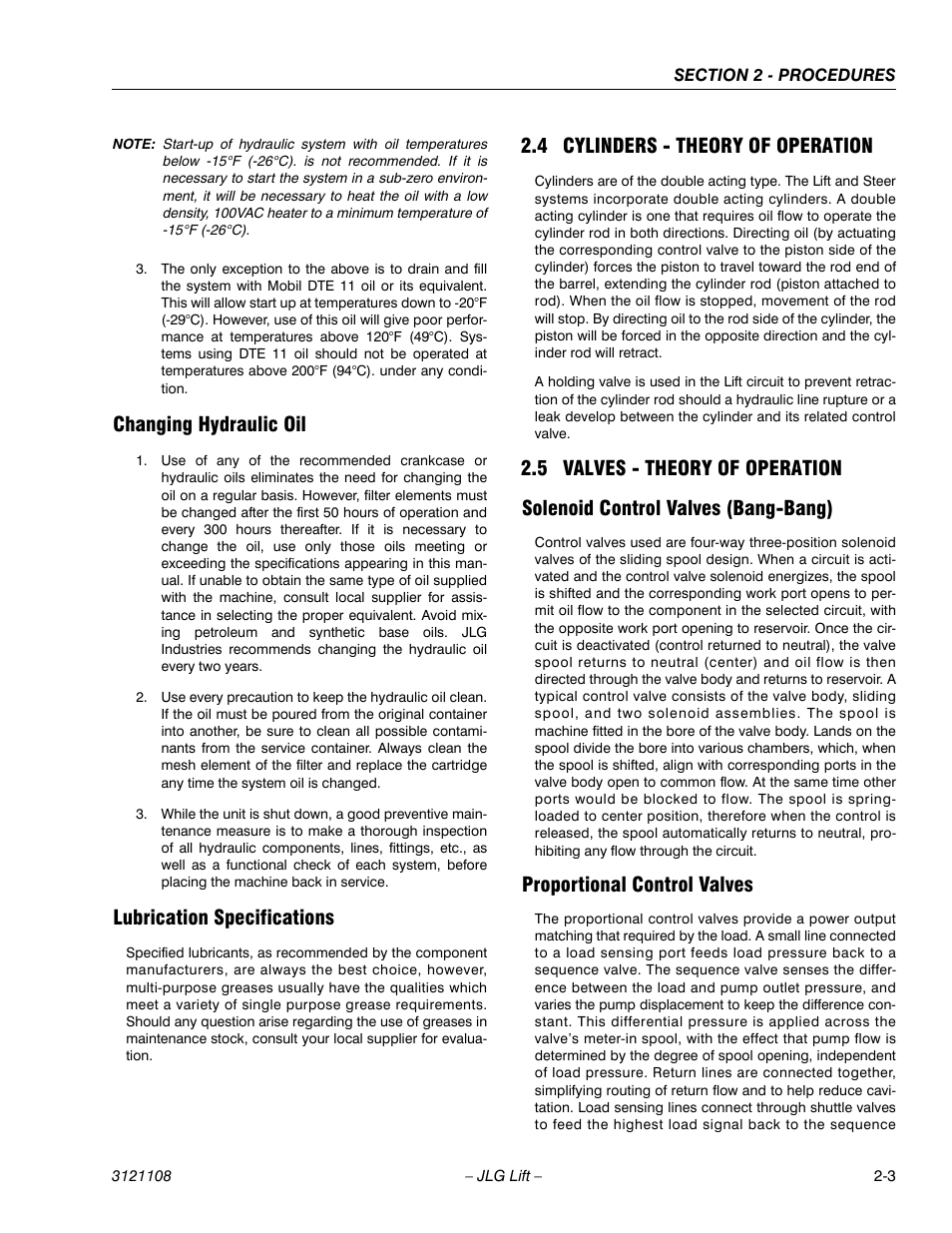 Changing hydraulic oil, Lubrication specifications, 4 cylinders - theory of operation | 5 valves - theory of operation, Solenoid control valves (bang-bang), Proportional control valves, Cylinders - theory of operation -3, Valves - theory of operation -3 | JLG 260MRT ANSI Service Manual User Manual | Page 25 / 106