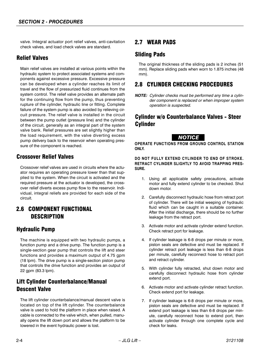Relief valves, Crossover relief valves, 6 component functional description | Hydraulic pump, Lift cylinder counterbalance/manual descent valve, 7 wear pads, Sliding pads, 8 cylinder checking procedures, Component functional description -4, Wear pads -4 | JLG 260MRT ANSI Service Manual User Manual | Page 26 / 106