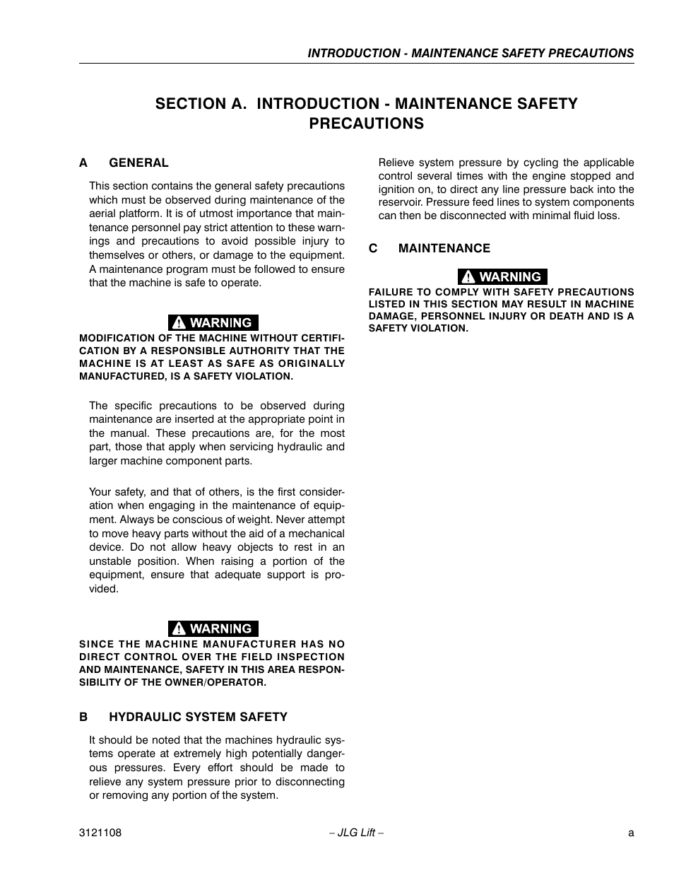 A general, B hydraulic system safety, C maintenance | JLG 260MRT ANSI Service Manual User Manual | Page 3 / 106