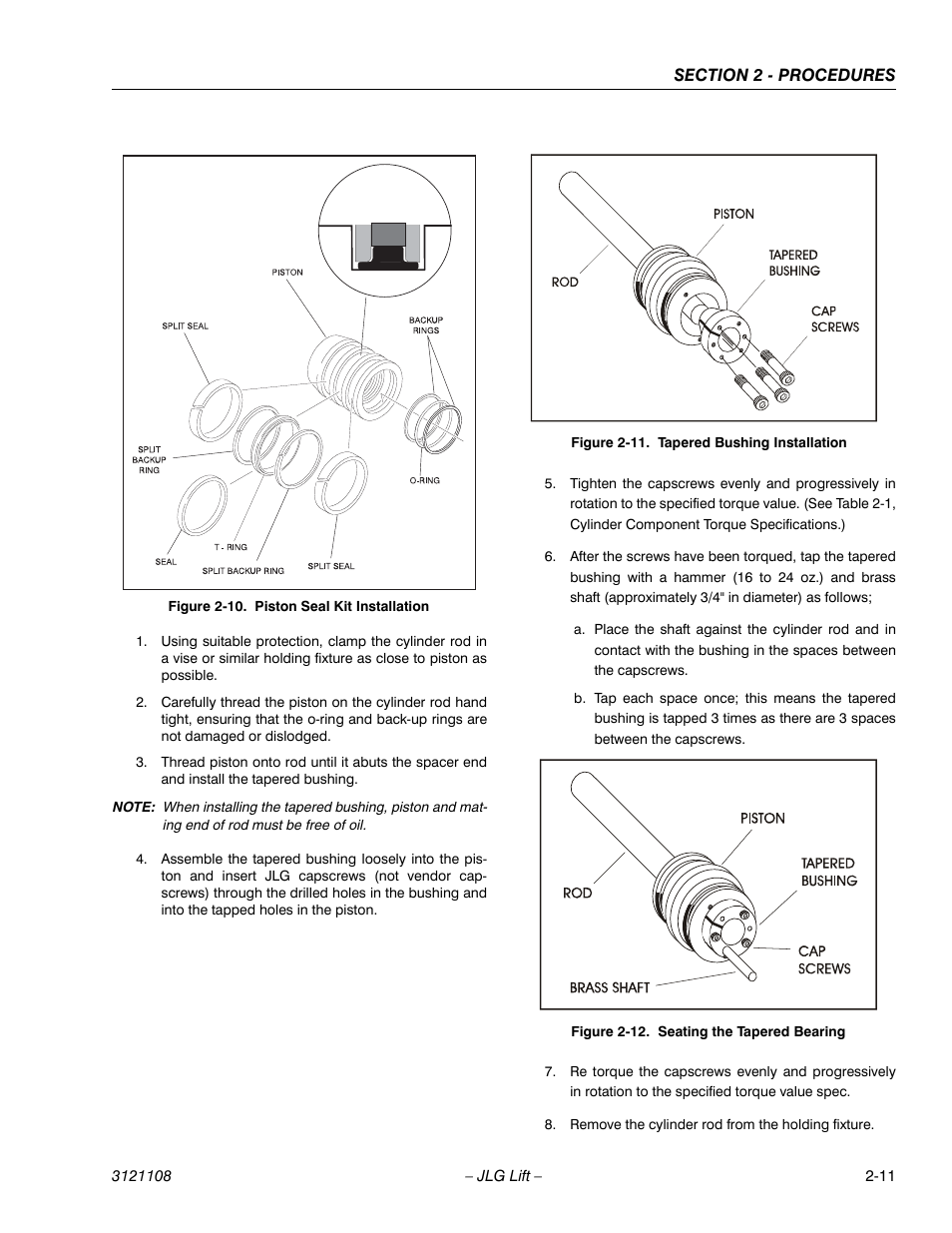 Piston seal kit installation -11, Tapered bushing installation -11, Seating the tapered bearing -11 | JLG 260MRT ANSI Service Manual User Manual | Page 33 / 106