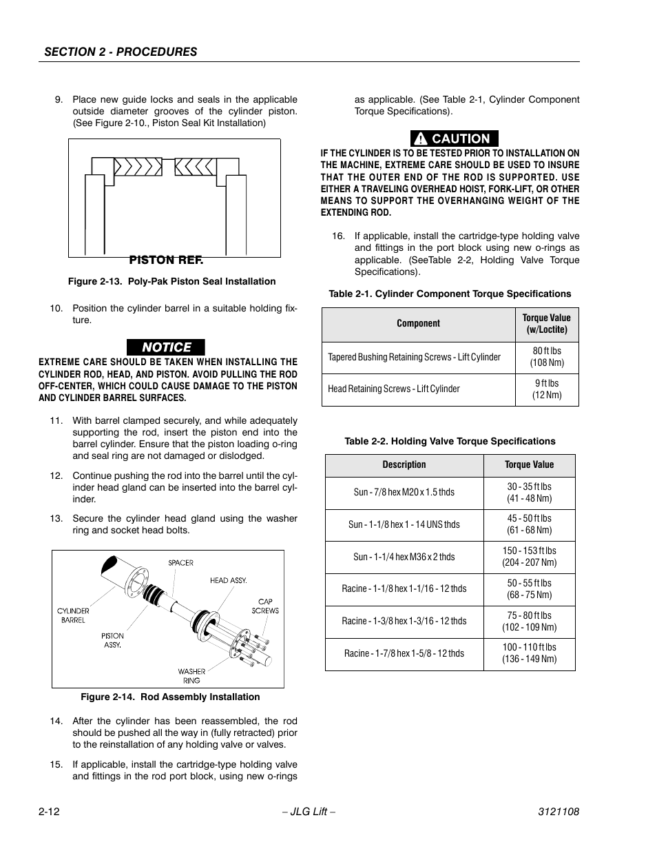 Poly-pak piston seal installation -12, Rod assembly installation -12, Cylinder component torque specifications -12 | Holding valve torque specifications -12 | JLG 260MRT ANSI Service Manual User Manual | Page 34 / 106