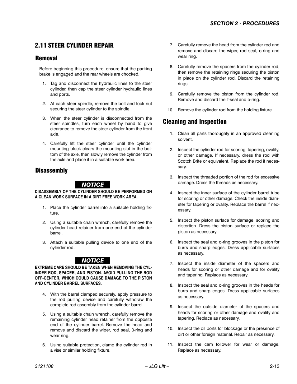 11 steer cylinder repair, Removal, Disassembly | Cleaning and inspection, Steer cylinder repair -13, 11 steer cylinder repair removal | JLG 260MRT ANSI Service Manual User Manual | Page 35 / 106