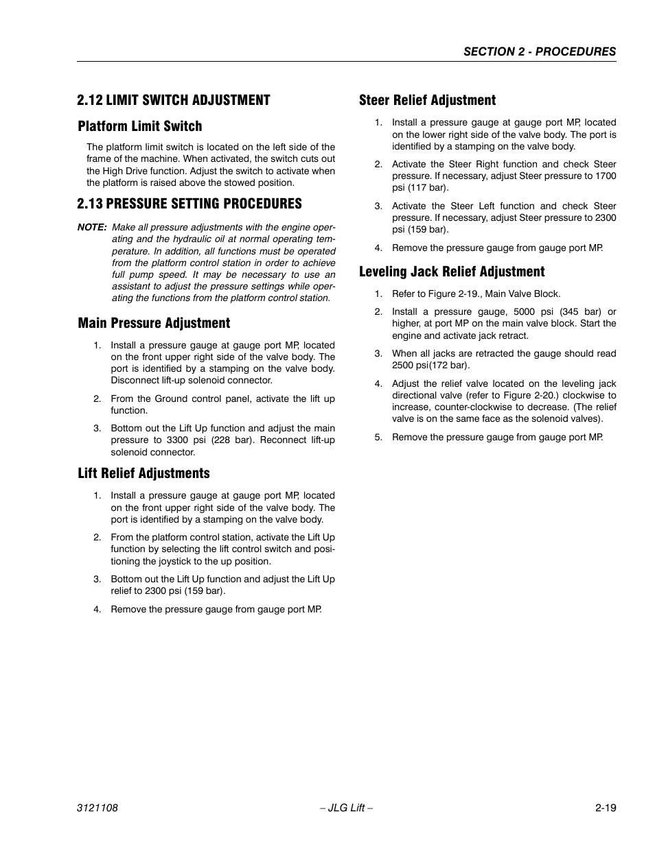 12 limit switch adjustment, Platform limit switch, 13 pressure setting procedures | Main pressure adjustment, Lift relief adjustments, Steer relief adjustment, Leveling jack relief adjustment, Limit switch adjustment -19, Pressure setting procedures -19, 12 limit switch adjustment platform limit switch | JLG 260MRT ANSI Service Manual User Manual | Page 41 / 106