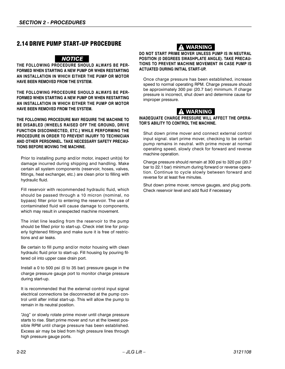 14 drive pump start-up procedure, Drive pump start-up procedure -22 | JLG 260MRT ANSI Service Manual User Manual | Page 44 / 106