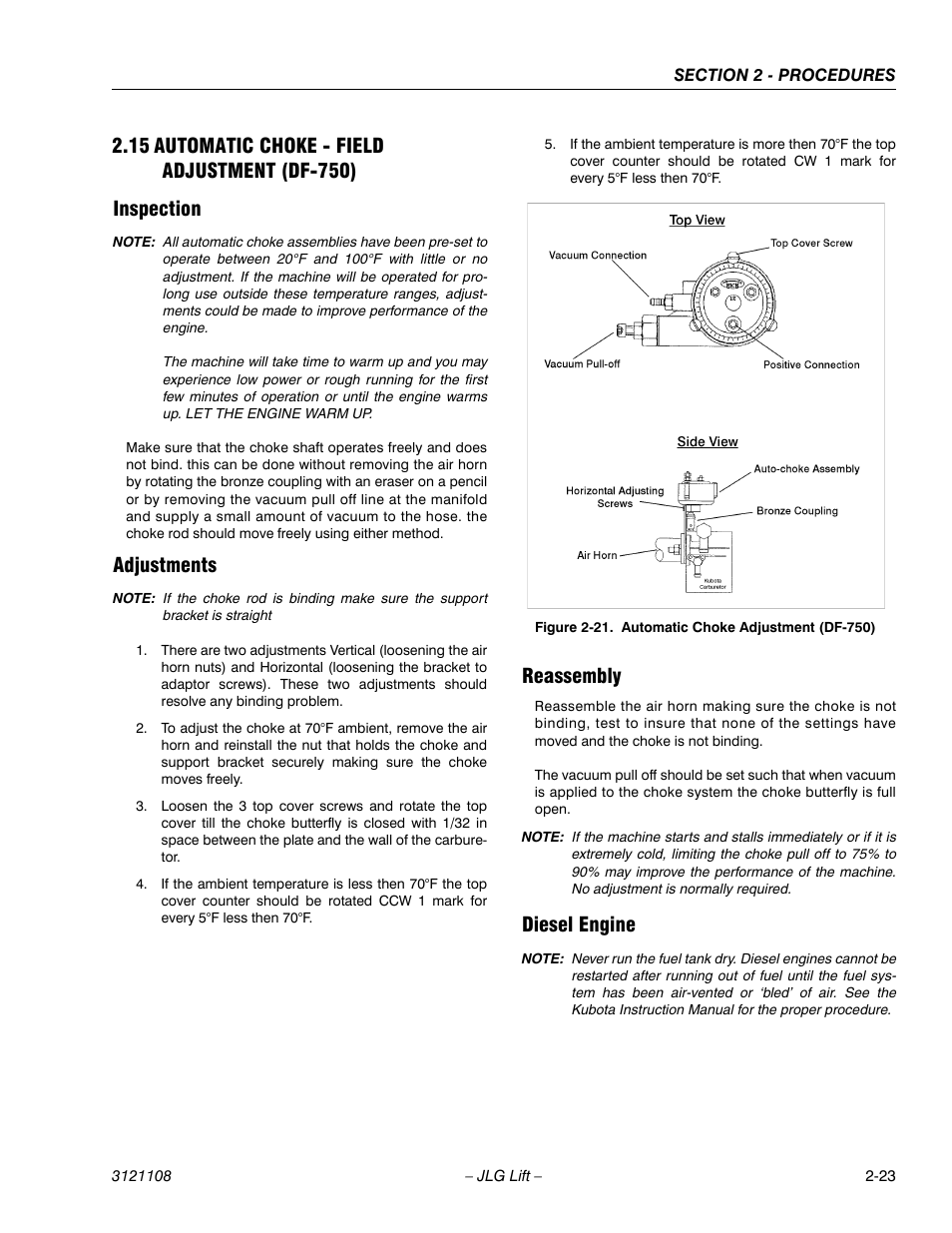 15 automatic choke - field adjustment (df-750), Inspection, Adjustments | Reassembly, Diesel engine, Automatic choke - field adjustment (df-750) -23, Automatic choke adjustment (df-750) -23 | JLG 260MRT ANSI Service Manual User Manual | Page 45 / 106