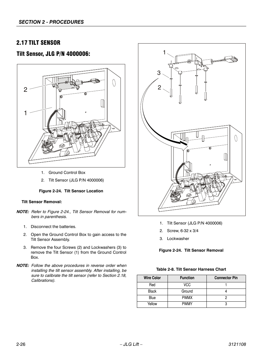 17 tilt sensor, Tilt sensor, jlg p/n 4000006, Tilt sensor -26 | Tilt sensor location -26, Tilt sensor removal -26, Tilt sensor harness chart -26 | JLG 260MRT ANSI Service Manual User Manual | Page 48 / 106