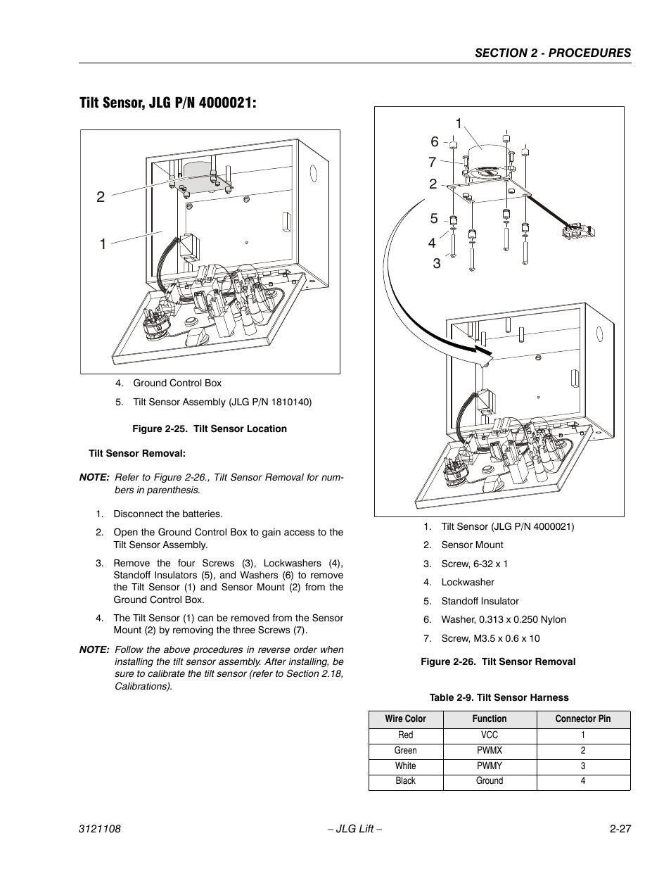 Tilt sensor, jlg p/n 4000021, Tilt sensor location -27, Tilt sensor removal -27 | Tilt sensor harness -27 | JLG 260MRT ANSI Service Manual User Manual | Page 49 / 106