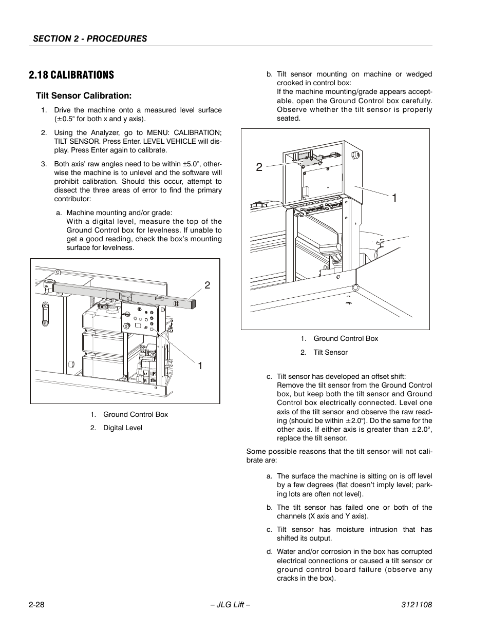 18 calibrations, Tilt sensor calibration, Calibrations -28 | JLG 260MRT ANSI Service Manual User Manual | Page 50 / 106