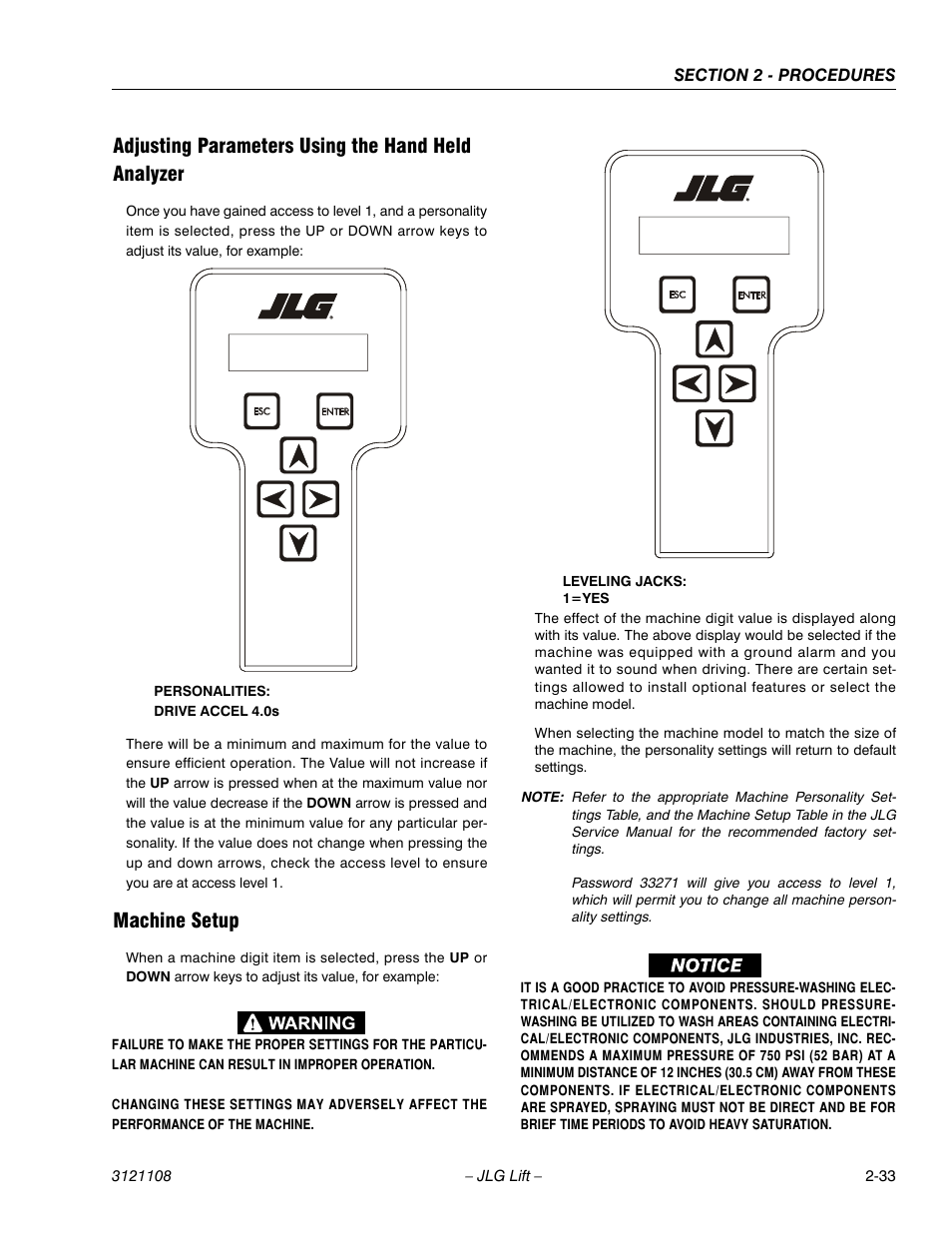 Adjusting parameters using the hand held analyzer, Machine setup | JLG 260MRT ANSI Service Manual User Manual | Page 55 / 106