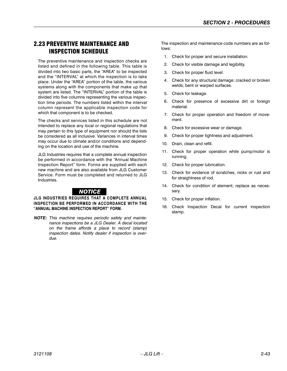 23 preventive maintenance and inspection schedule, Preventive maintenance and inspection schedule -43 | JLG 260MRT ANSI Service Manual User Manual | Page 65 / 106