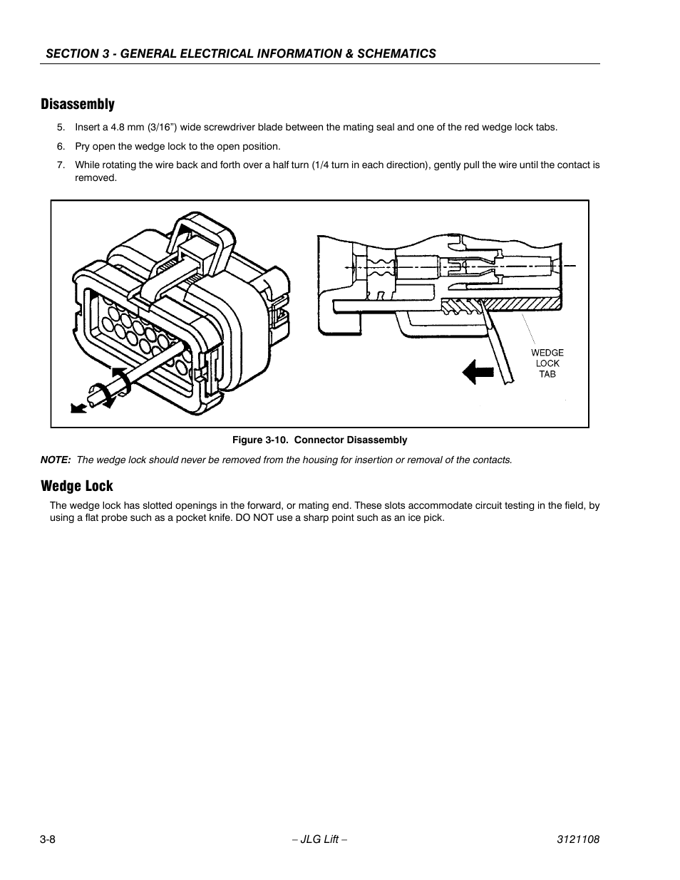 Disassembly, Wedge lock, Connector disassembly -8 | JLG 260MRT ANSI Service Manual User Manual | Page 74 / 106