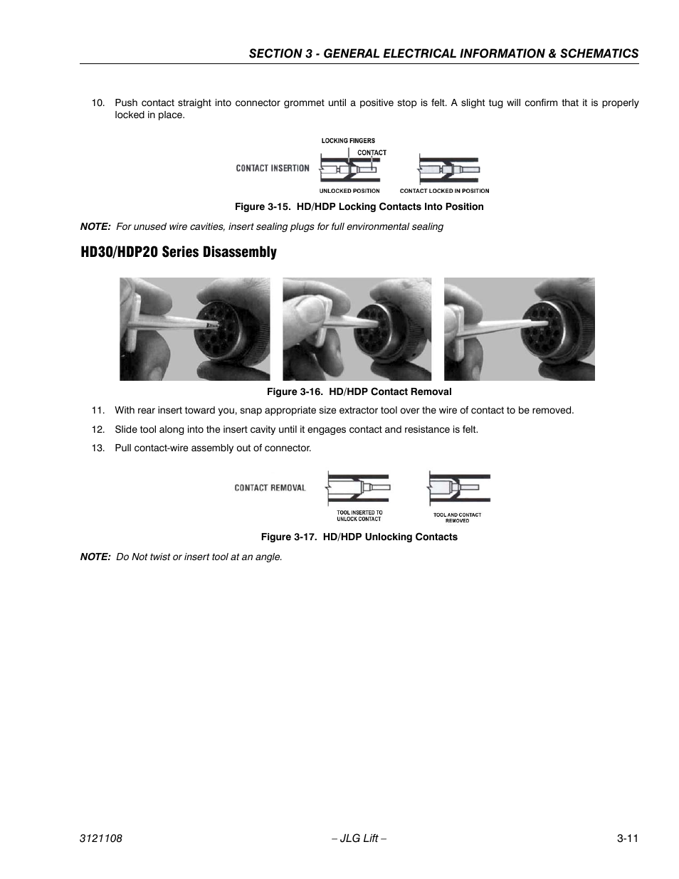 Hd30/hdp20 series disassembly, Hd/hdp locking contacts into position -11, Hd/hdp contact removal -11 | Hd/hdp unlocking contacts -11 | JLG 260MRT ANSI Service Manual User Manual | Page 77 / 106