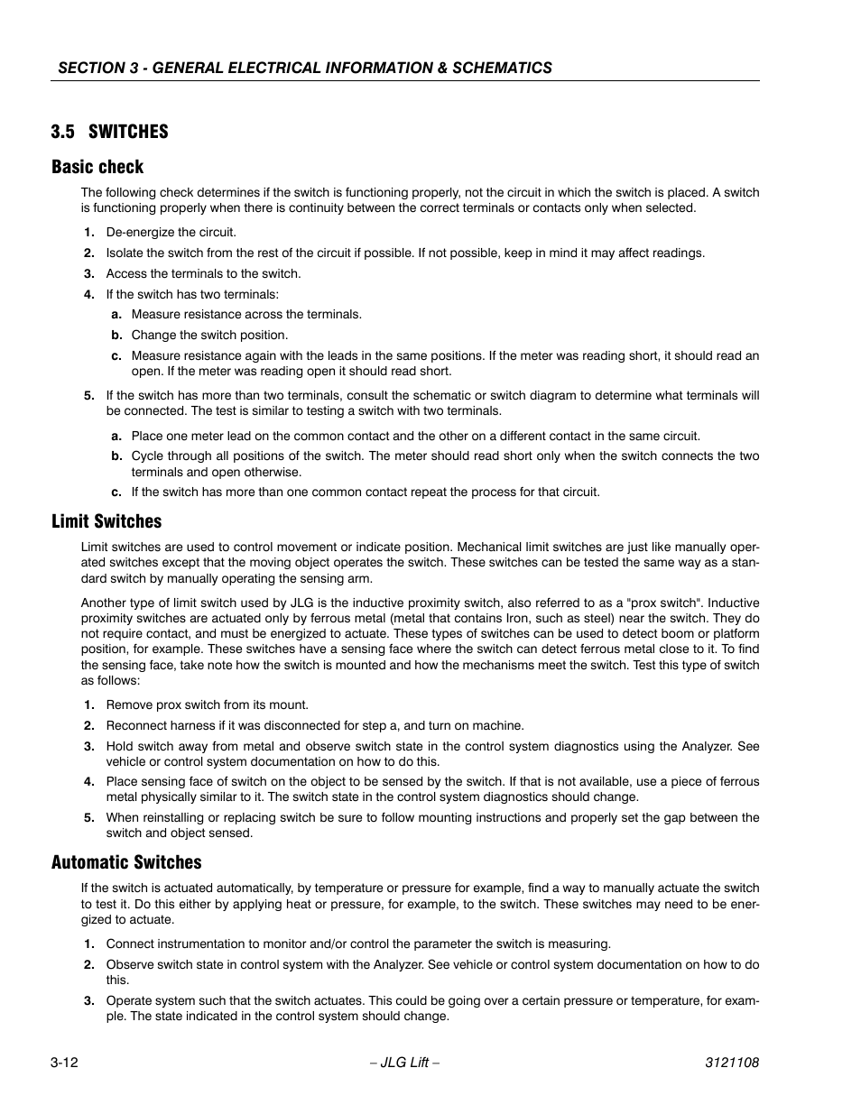 5 switches, Basic check, Limit switches | Automatic switches, Switches -12, 5 switches basic check | JLG 260MRT ANSI Service Manual User Manual | Page 78 / 106