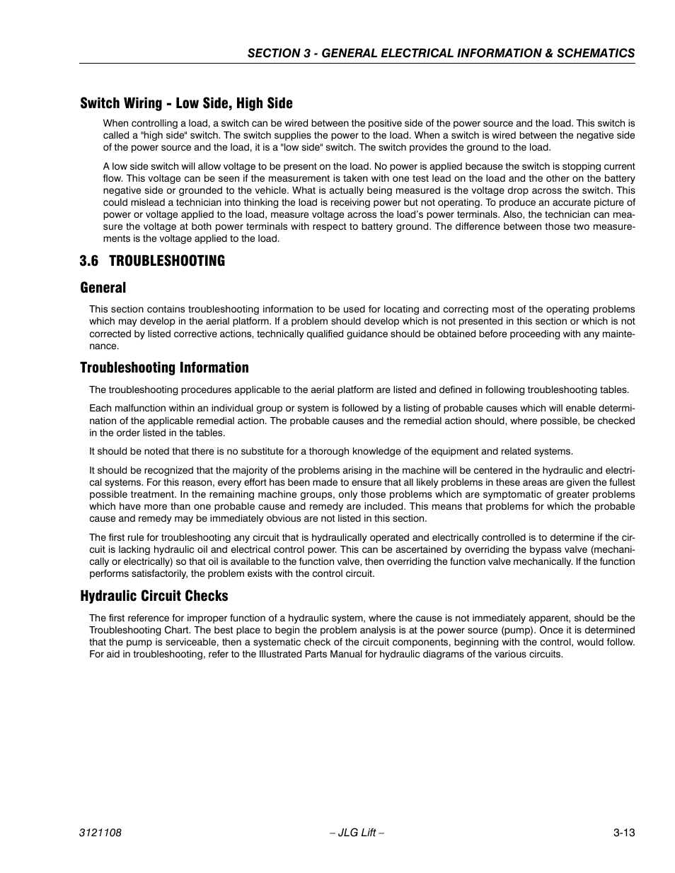 Switch wiring - low side, high side, 6 troubleshooting, General | Troubleshooting information, Hydraulic circuit checks, Troubleshooting -13, 6 troubleshooting general | JLG 260MRT ANSI Service Manual User Manual | Page 79 / 106