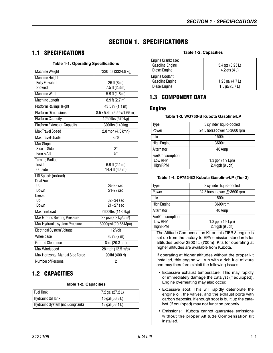 Section 1. specifications, 1 specifications, 2 capacities | 3 component data, Engine, Section 1 - specifications, Specifications -1, Capacities -1, Component data -1, Operating specifications -1 | JLG 260MRT ANSI Service Manual User Manual | Page 9 / 106