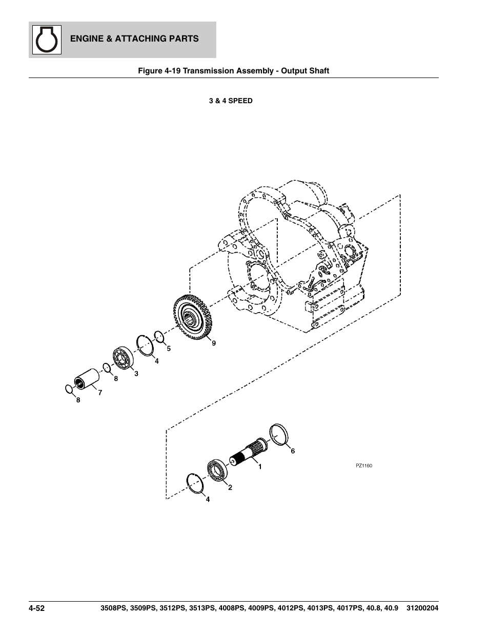 Figure 4-19 transmission assembly - output shaft, Transmission assembly - output shaft -52, See figure 4-19 for details) | JLG 3508PS User Manual | Page 184 / 520