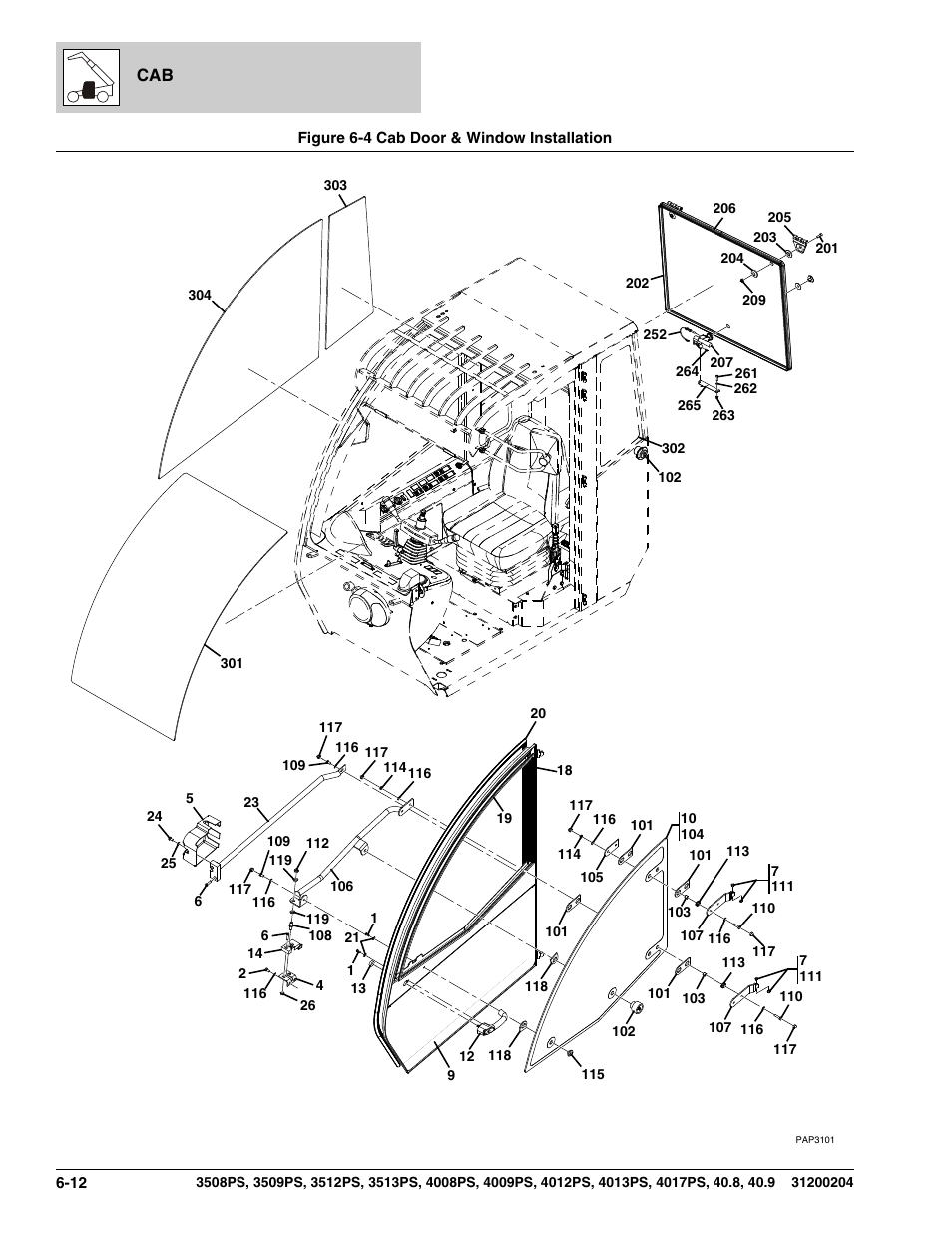 Figure 6-4 cab door & window installation, Cab door & window installation -12, Ket, (see figure 6-4 for details) | 6x1.25, (see figure 6-4 for details), W, (see figure 6-4 for details), W assy, (see figure 6-4 for details), Ssy, (see figure 6-4 for details), See figure 6-4 for details), 20mm, (see figure 6-4 for details), Ch cable, (see figure 6-4 for details) | JLG 3508PS User Manual | Page 242 / 520