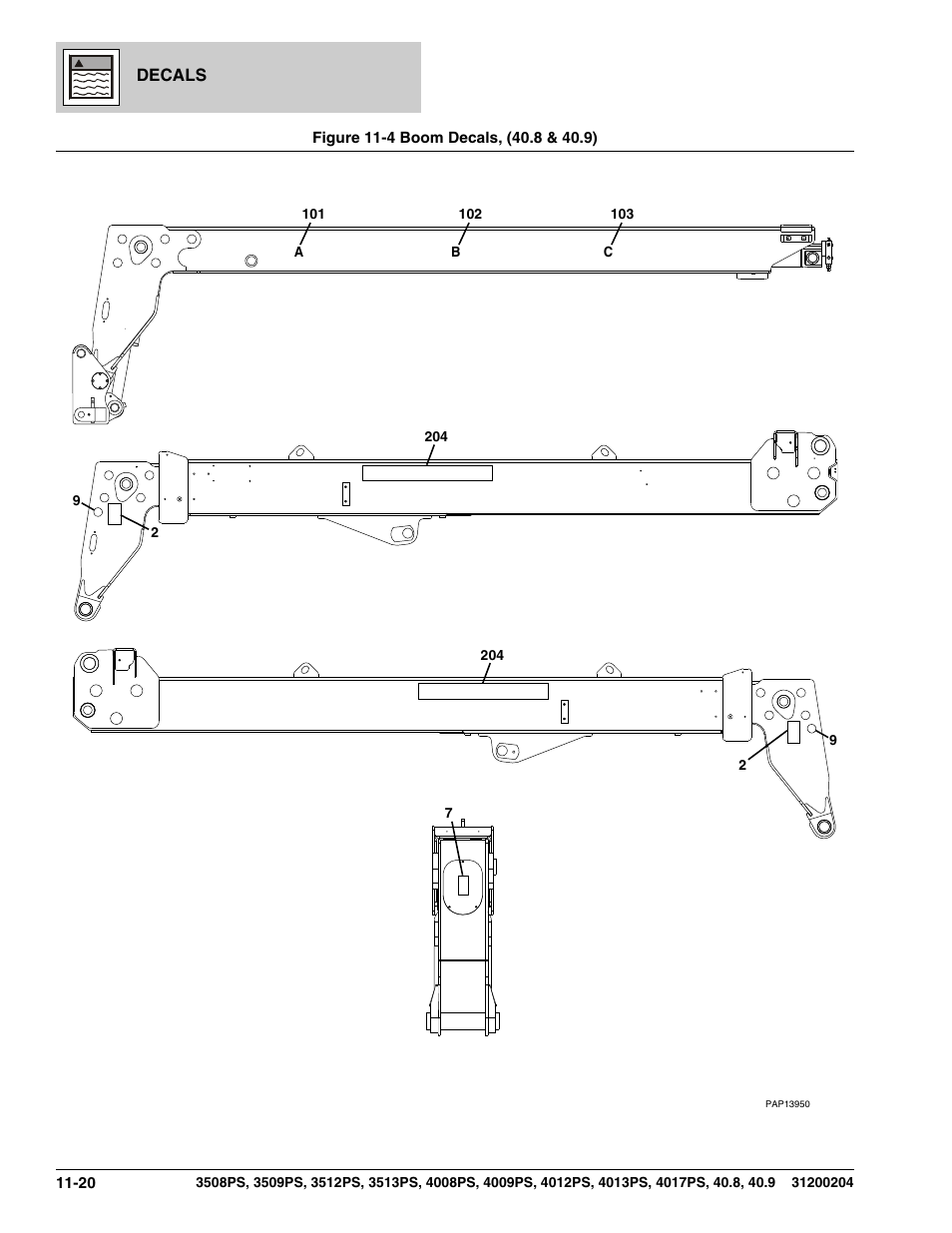 Figure 11-4 boom decals, (40.8 & 40.9), Boom decals, (40.8 & 40.9) -20 | JLG 3508PS User Manual | Page 496 / 520