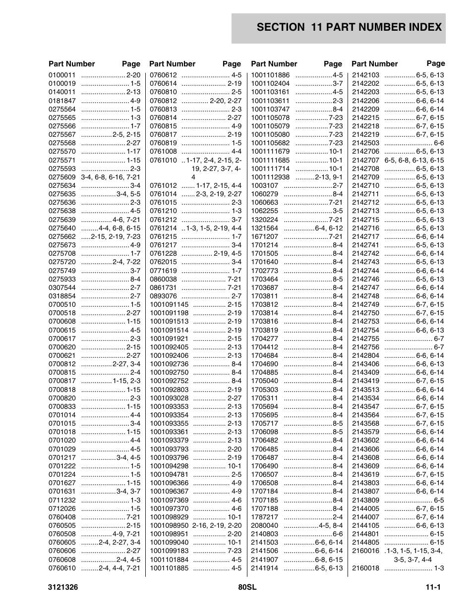 Section 11 part number index | JLG 80SL Parts Manual User Manual | Page 137 / 144