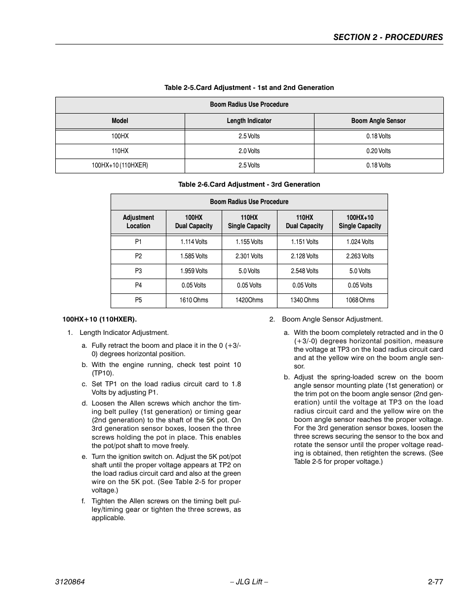 Card adjustment - 1st and 2nd generation -77, Card adjustment - 3rd generation -77 | JLG 110HX Service Manual User Manual | Page 101 / 162