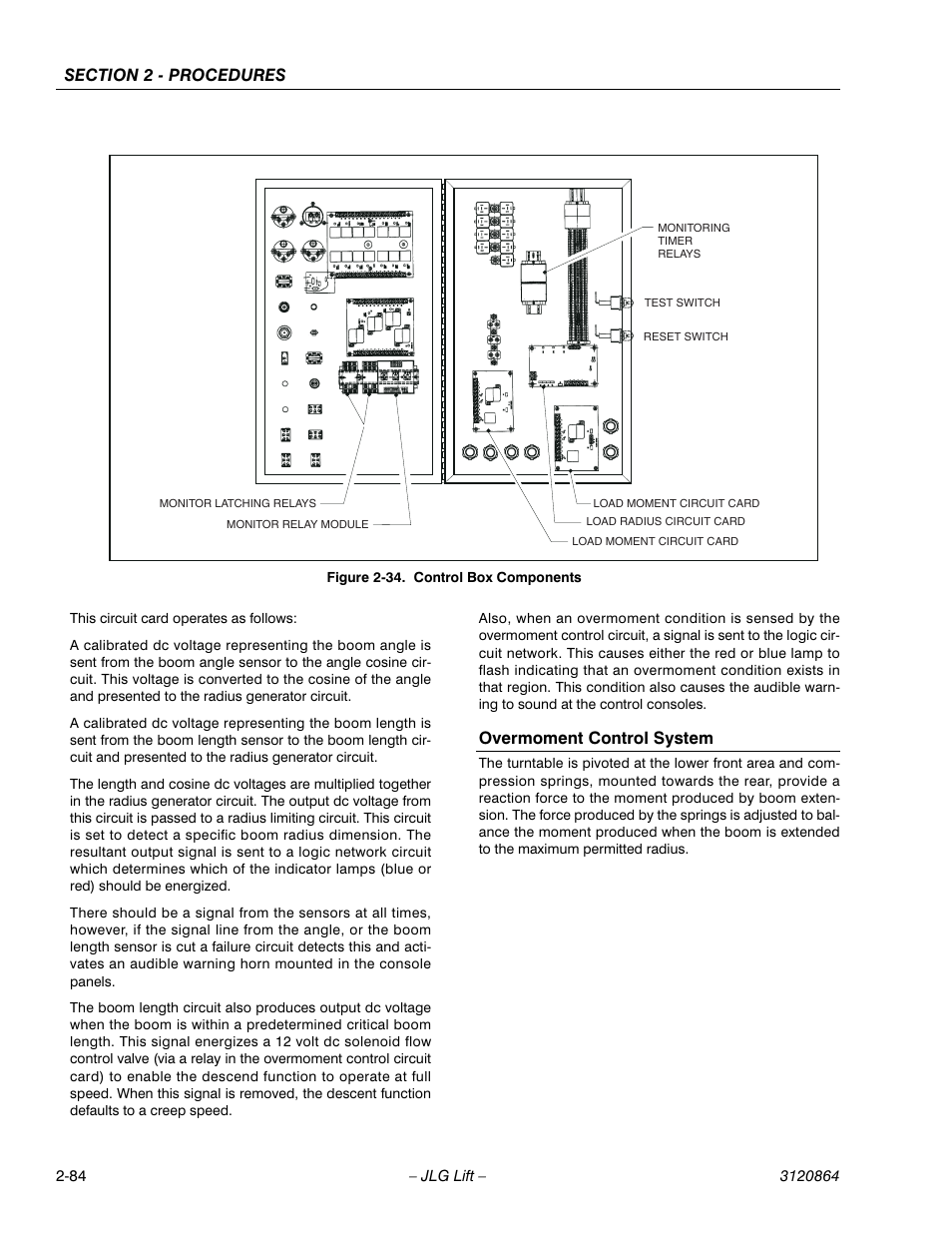 Overmoment control system, Overmoment control system -84, Control box components -84 | JLG 110HX Service Manual User Manual | Page 108 / 162