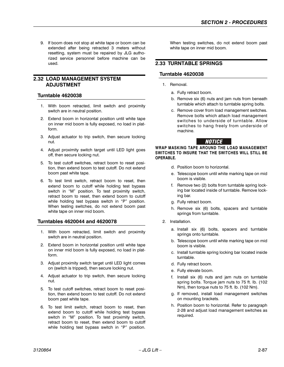 32 load management system adjustment, Turntable 4620038, Turntables 4620044 and 4620078 | 33 turntable springs, Load management system adjustment -87, Turntable springs -87, Turntable 4620038 -87 | JLG 110HX Service Manual User Manual | Page 111 / 162