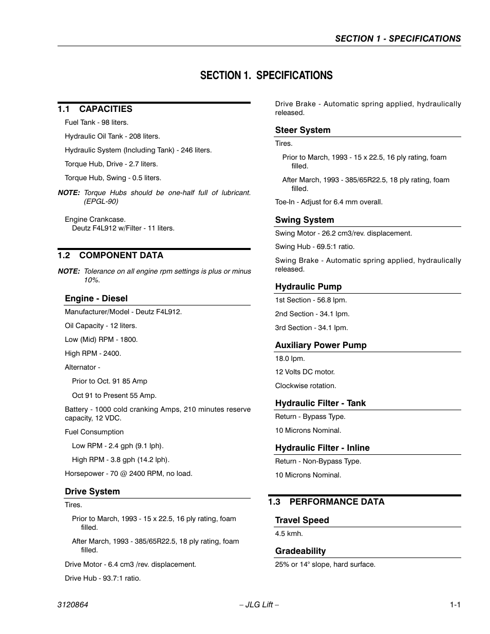 Section 1. specifications, 1 capacities, 2 component data | Engine - diesel, Drive system, Steer system, Swing system, Hydraulic pump, Auxiliary power pump, Hydraulic filter - tank | JLG 110HX Service Manual User Manual | Page 13 / 162