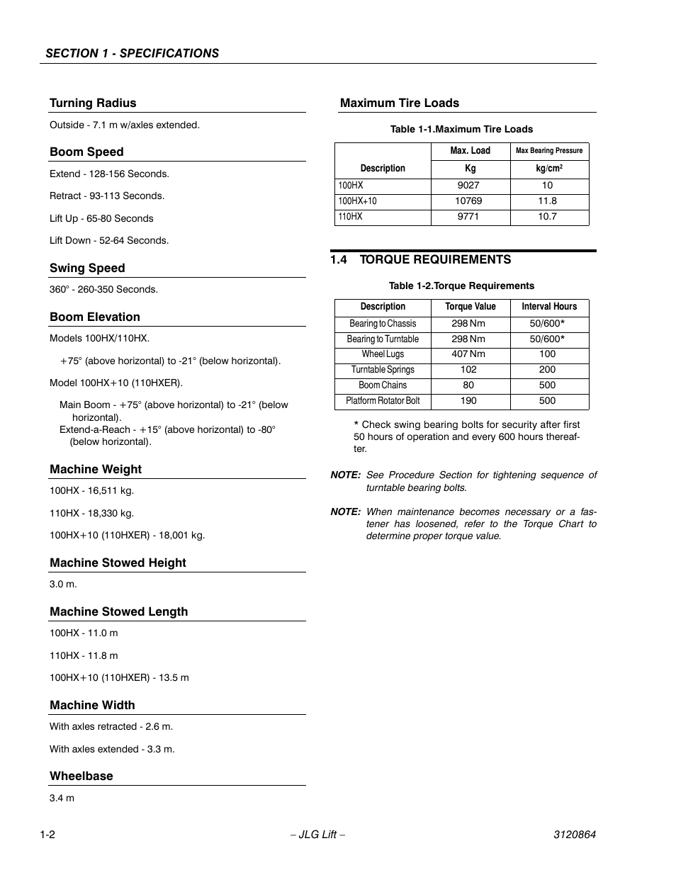 Turning radius, Boom speed, Swing speed | Boom elevation, Machine weight, Machine stowed height, Machine stowed length, Machine width, Wheelbase, Maximum tire loads | JLG 110HX Service Manual User Manual | Page 14 / 162