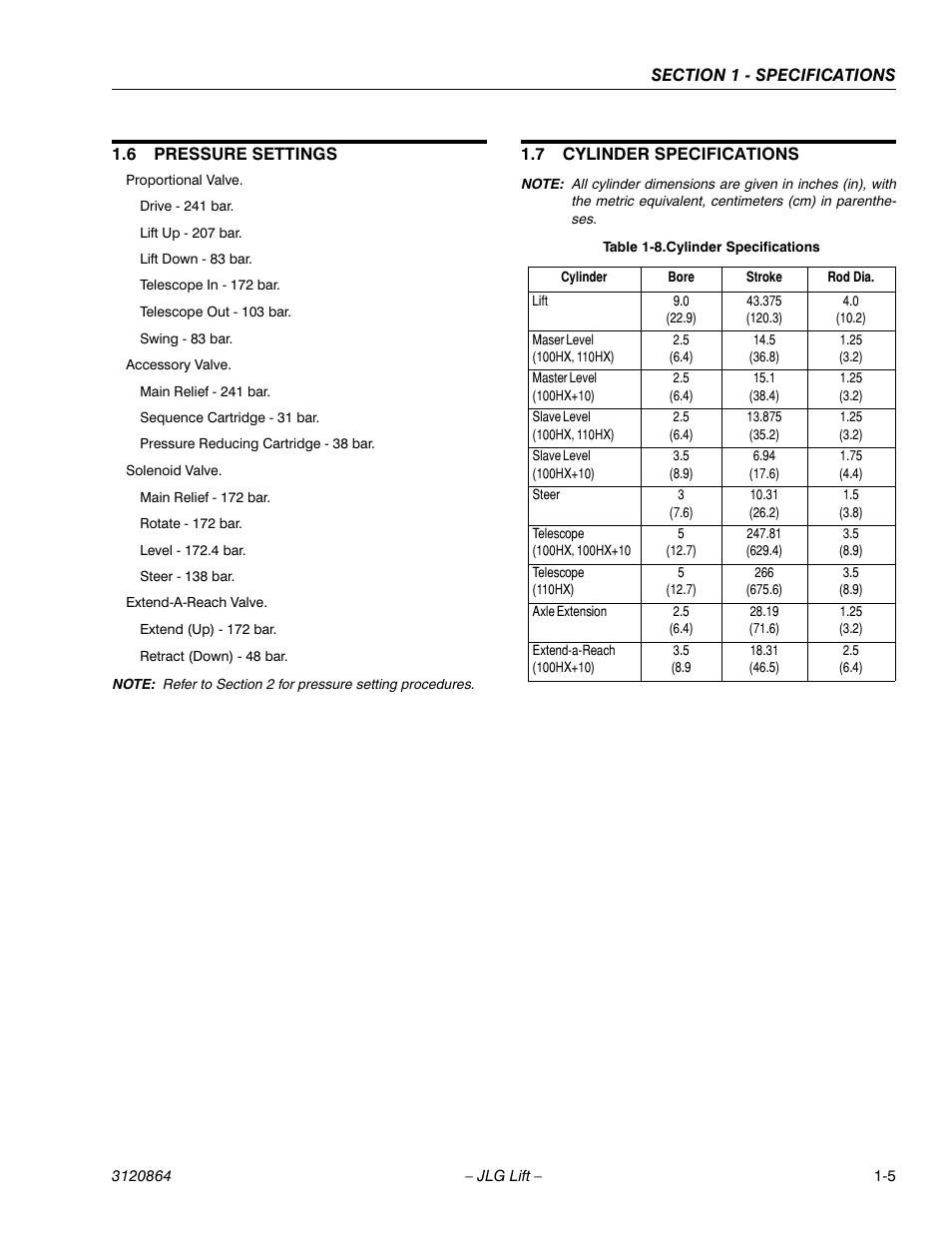 6 pressure settings, 7 cylinder specifications, Pressure settings -5 | Cylinder specifications -5 | JLG 110HX Service Manual User Manual | Page 17 / 162