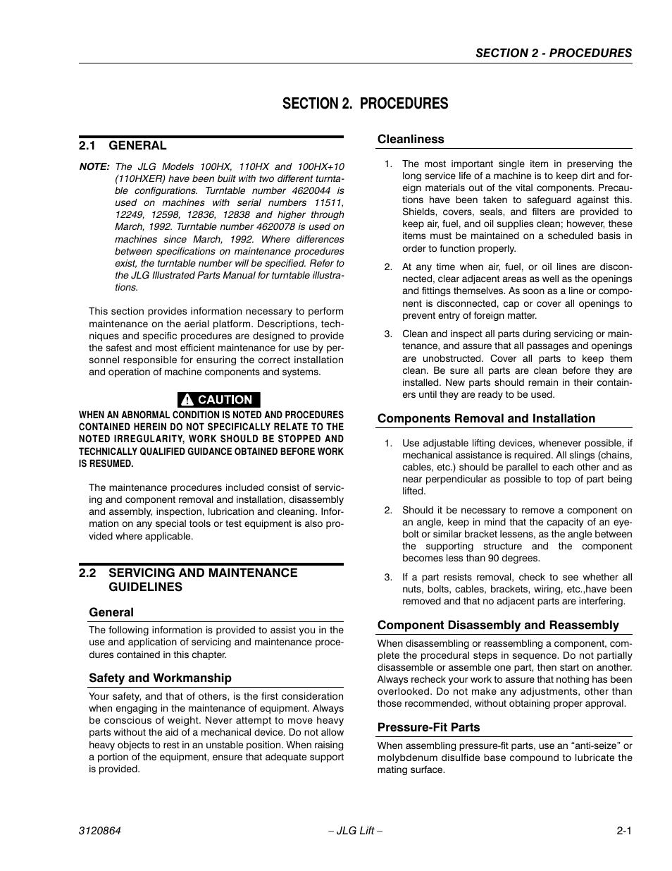 Section 2. procedures, 1 general, 2 servicing and maintenance guidelines | General, Safety and workmanship, Cleanliness, Components removal and installation, Component disassembly and reassembly, Pressure-fit parts, Section 2 - procedures | JLG 110HX Service Manual User Manual | Page 25 / 162