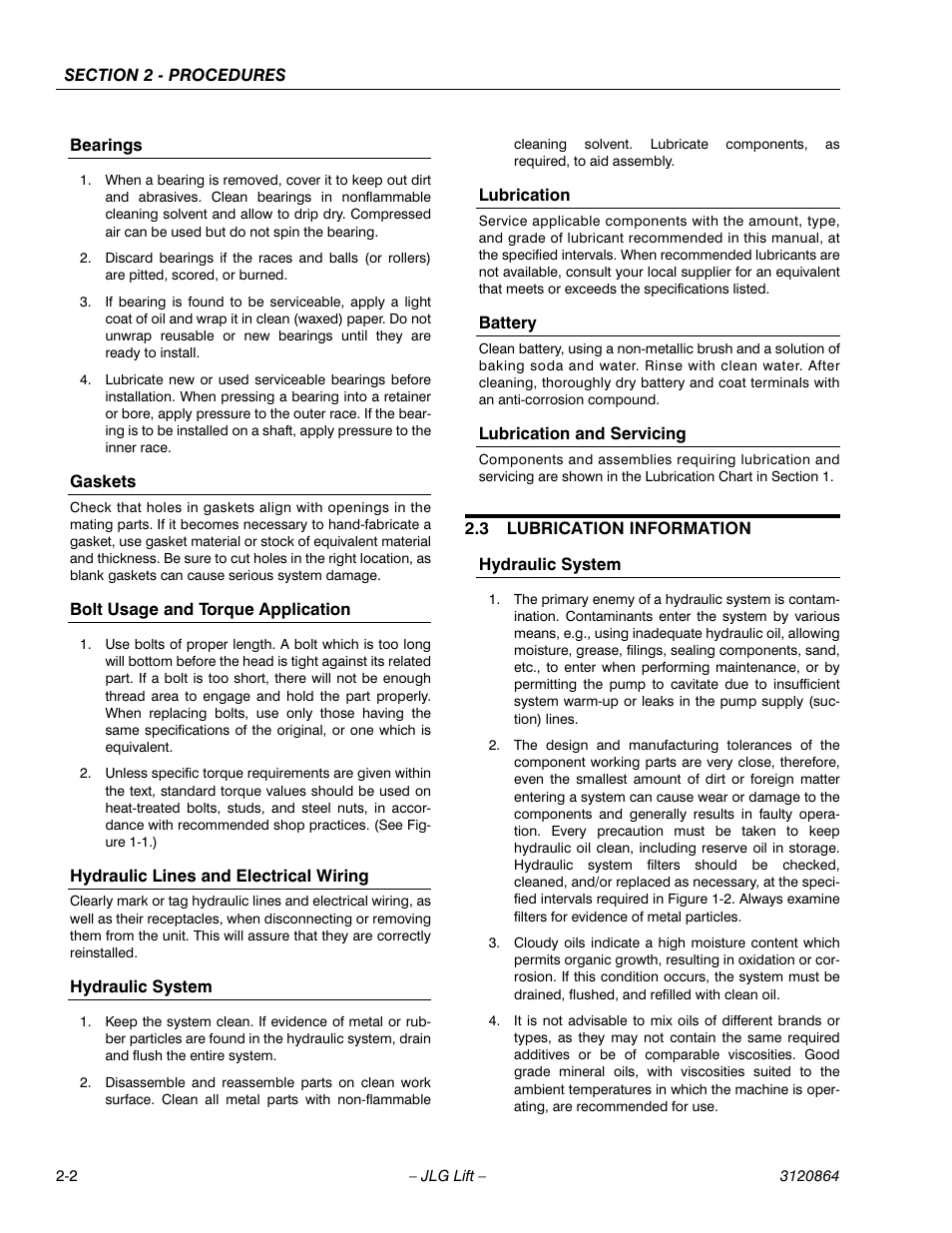 Bearings, Gaskets, Bolt usage and torque application | Hydraulic lines and electrical wiring, Hydraulic system, Lubrication, Battery, Lubrication and servicing, 3 lubrication information, Lubrication and servicing -2 | JLG 110HX Service Manual User Manual | Page 26 / 162