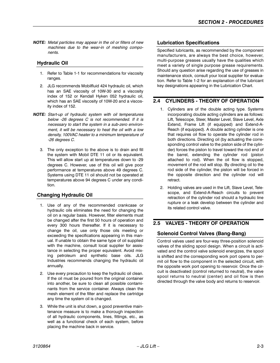 Hydraulic oil, Changing hydraulic oil, Lubrication specifications | 4 cylinders - theory of operation, 5 valves - theory of operation, Solenoid control valves (bang-bang), Cylinders - theory of operation -3, Valves - theory of operation -3, Solenoid control valves (bang-bang) -3 | JLG 110HX Service Manual User Manual | Page 27 / 162