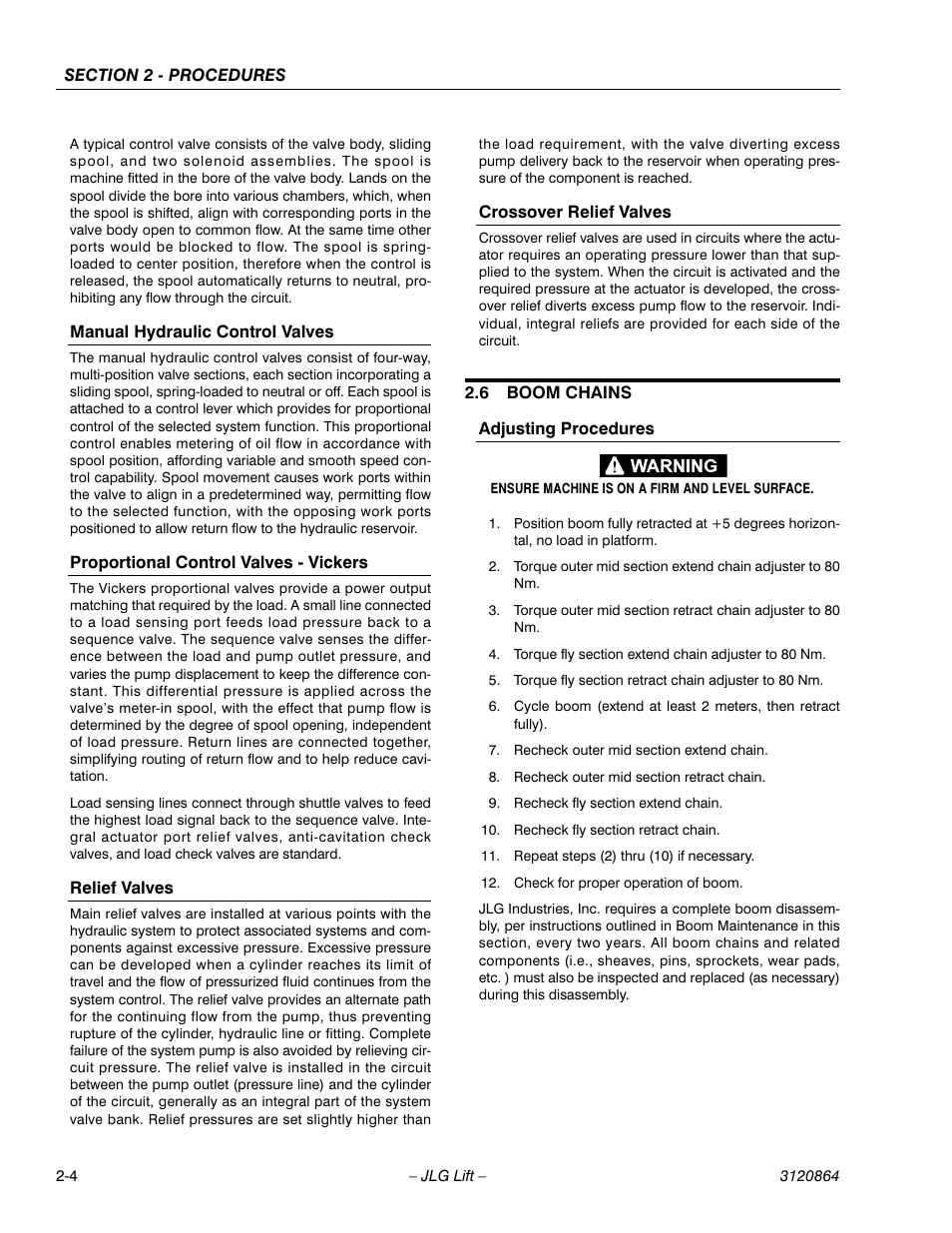 Manual hydraulic control valves, Proportional control valves - vickers, Relief valves | Crossover relief valves, 6 boom chains, Adjusting procedures, Boom chains -4, Adjusting procedures -4 | JLG 110HX Service Manual User Manual | Page 28 / 162