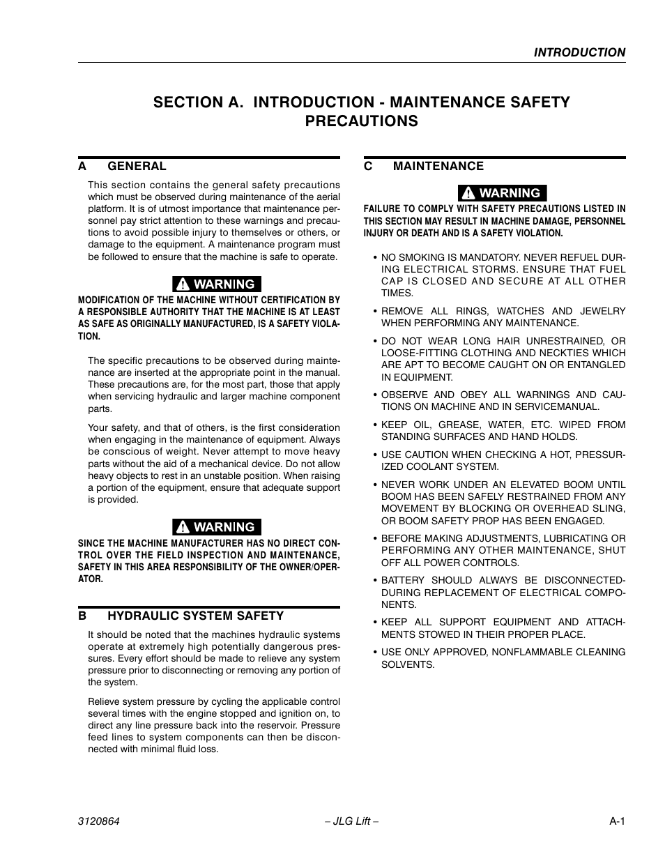 A general, B hydraulic system safety, C maintenance | JLG 110HX Service Manual User Manual | Page 3 / 162