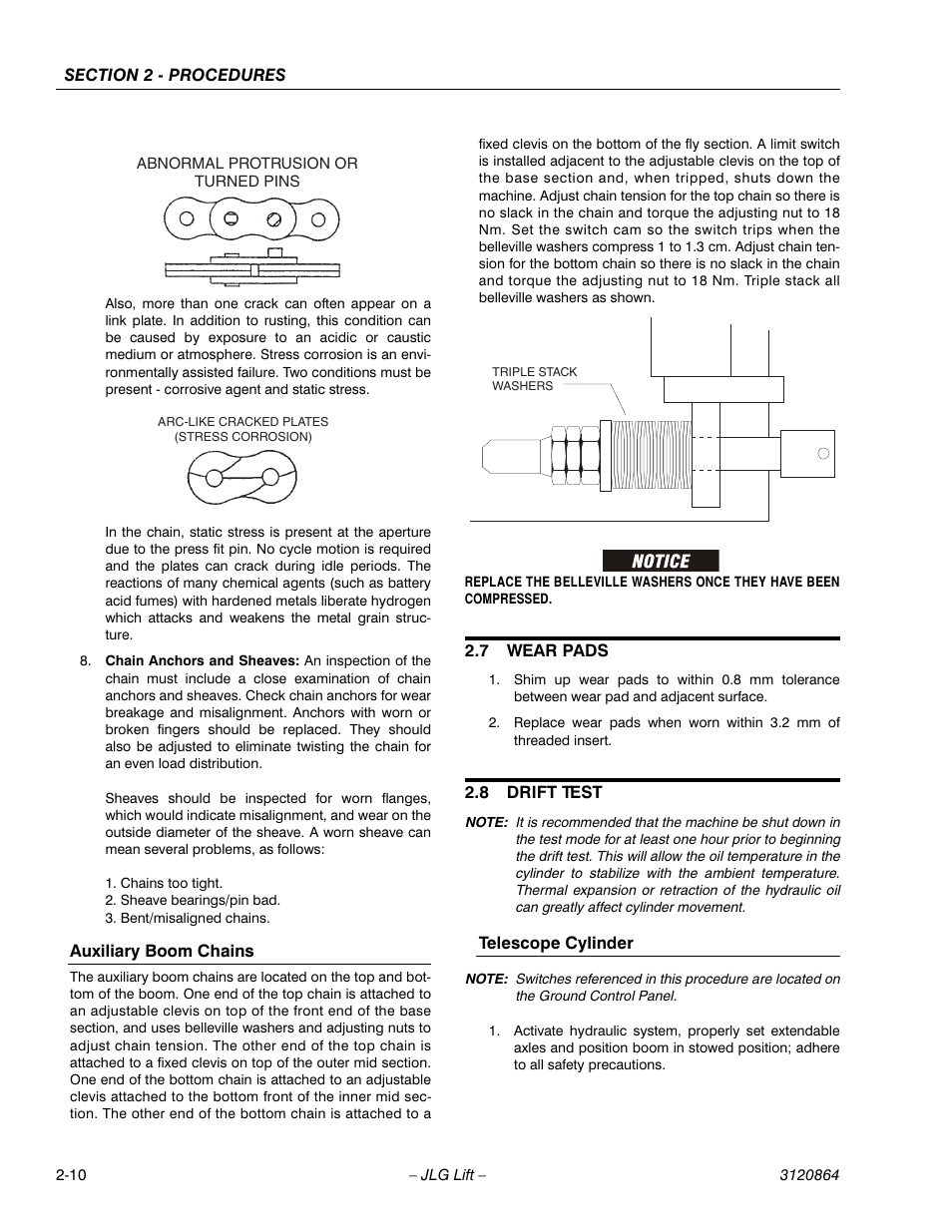 Auxiliary boom chains, 7 wear pads, 8 drift test | Telescope cylinder, Auxiliary boom chains -10, Wear pads -10, Drift test -10, Telescope cylinder -10 | JLG 110HX Service Manual User Manual | Page 34 / 162