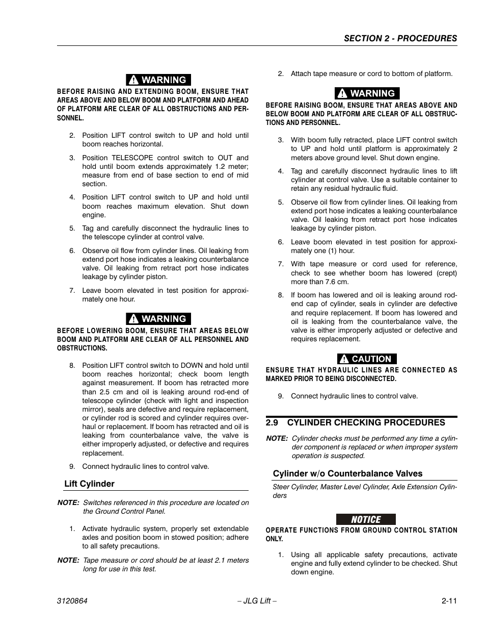 Lift cylinder, 9 cylinder checking procedures, Cylinder w/o counterbalance valves | Lift cylinder -11, Cylinder checking procedures -11, Cylinder w/o counterbalance valves -11 | JLG 110HX Service Manual User Manual | Page 35 / 162