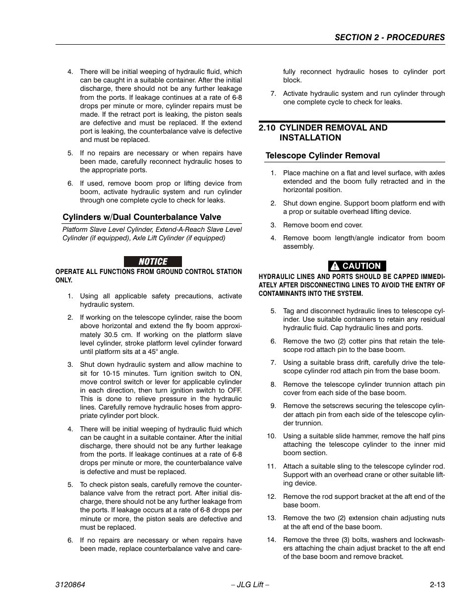 Cylinders w/dual counterbalance valve, 10 cylinder removal and installation, Telescope cylinder removal | Cylinders w/dual counterbalance valve -13, Cylinder removal and installation -13, Telescope cylinder removal -13 | JLG 110HX Service Manual User Manual | Page 37 / 162