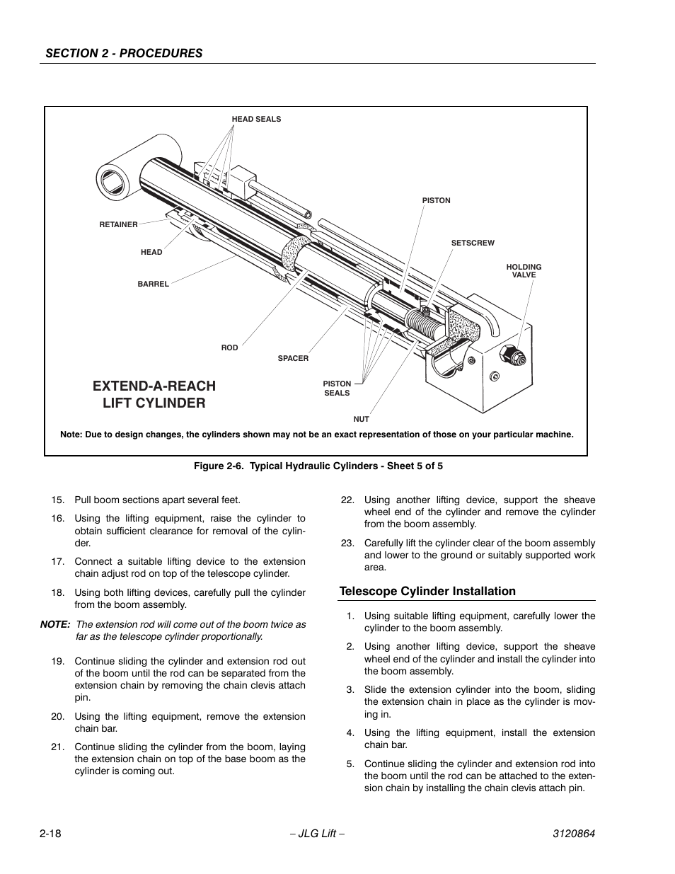 Telescope cylinder installation, Telescope cylinder installation -18, Typical hydraulic cylinders - sheet 5 of 5 -18 | Extend-a-reach lift cylinder | JLG 110HX Service Manual User Manual | Page 42 / 162