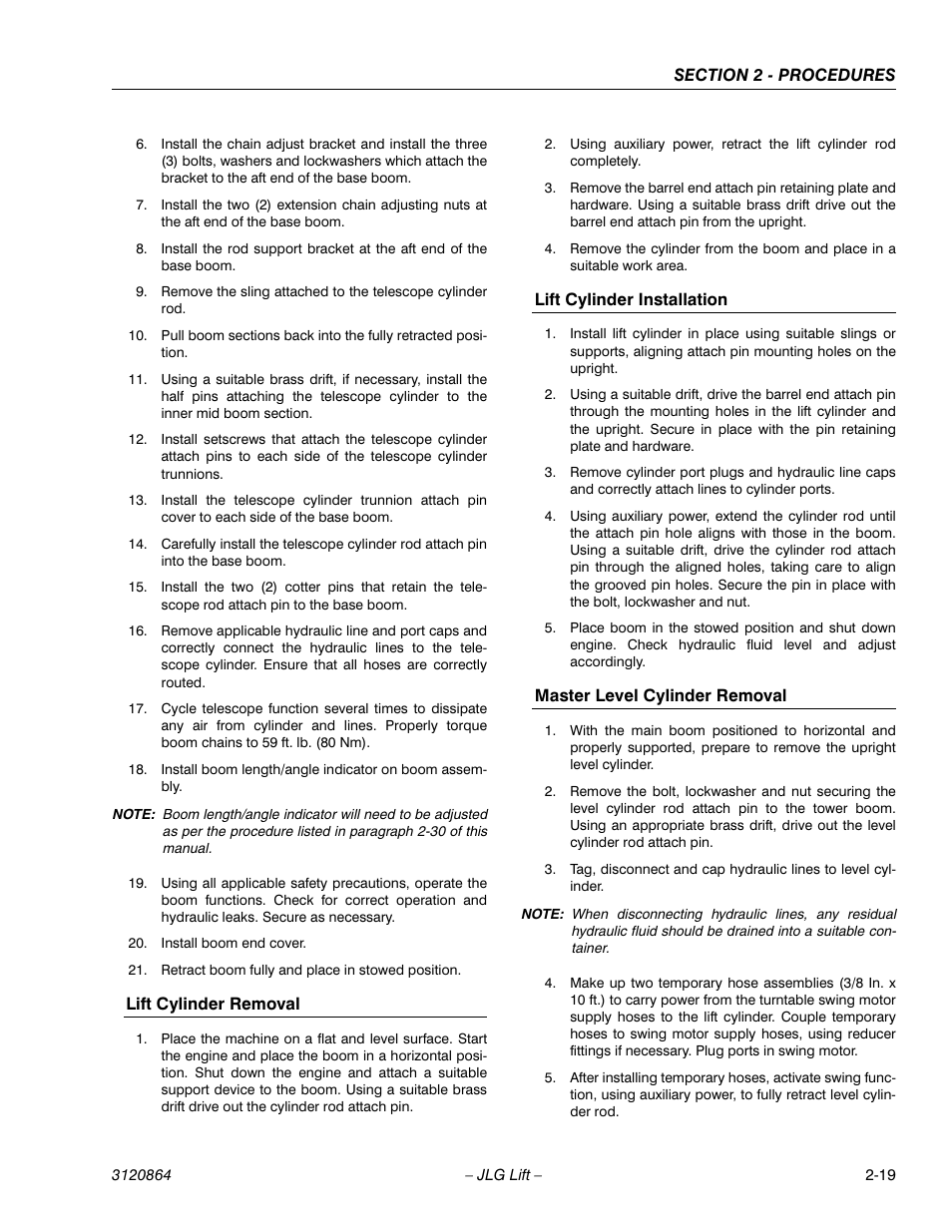 Lift cylinder removal, Lift cylinder installation, Master level cylinder removal | JLG 110HX Service Manual User Manual | Page 43 / 162