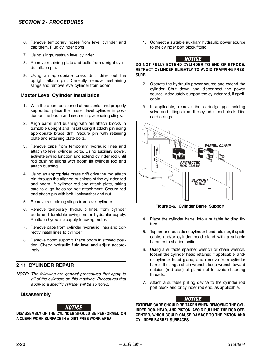 Master level cylinder installation, 11 cylinder repair, Disassembly | Master level cylinder installation -20, Cylinder repair -20, Disassembly -20, Cylinder barrel support -20 | JLG 110HX Service Manual User Manual | Page 44 / 162