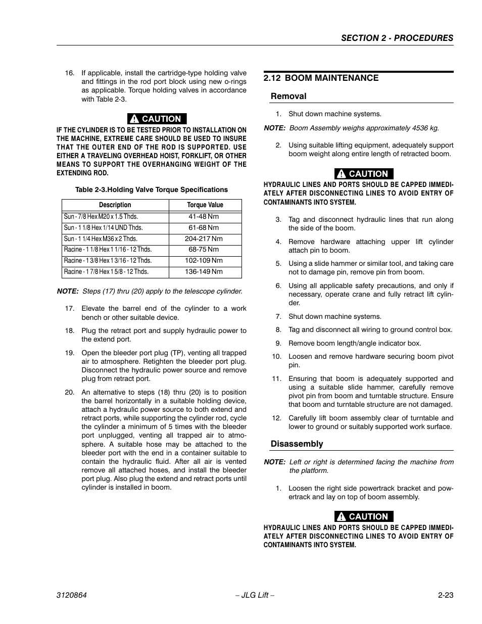 12 boom maintenance, Removal, Disassembly | Boom maintenance -23, Removal -23 disassembly -23, Holding valve torque specifications -23 | JLG 110HX Service Manual User Manual | Page 47 / 162