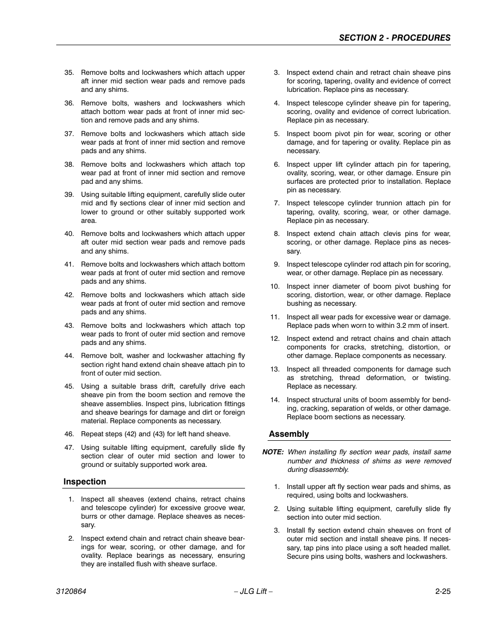 Inspection, Assembly, Inspection -25 assembly -25 | JLG 110HX Service Manual User Manual | Page 49 / 162