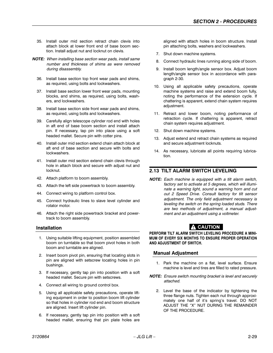 Installation, 13 tilt alarm switch leveling, Manual adjustment | Installation -29, Tilt alarm switch leveling -29, Manual adjustment -29 | JLG 110HX Service Manual User Manual | Page 53 / 162