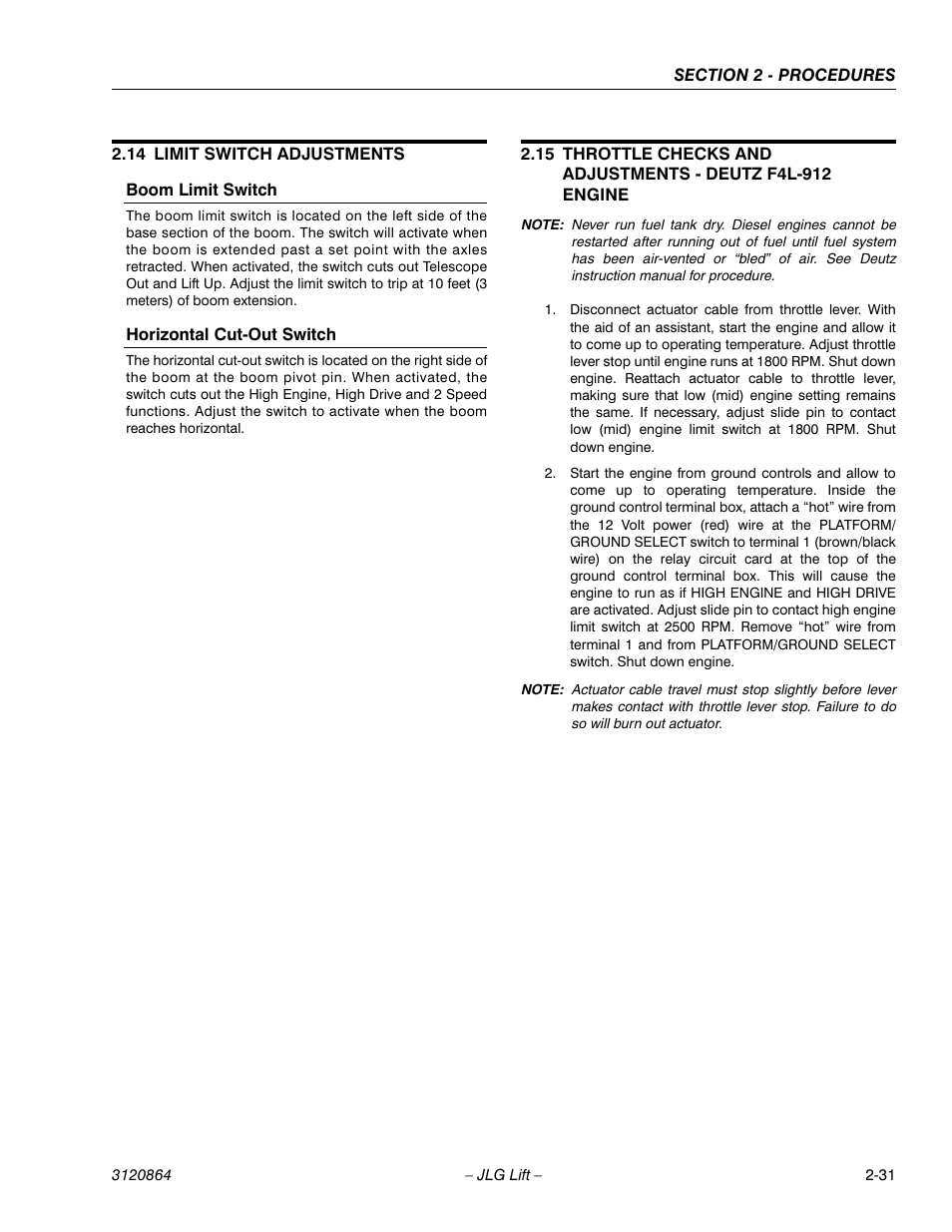 14 limit switch adjustments, Boom limit switch, Horizontal cut-out switch | Limit switch adjustments -31 | JLG 110HX Service Manual User Manual | Page 55 / 162