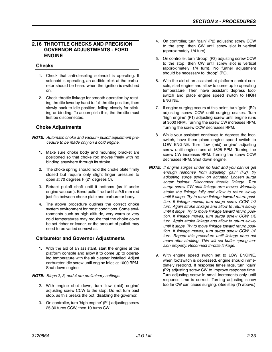 Checks, Choke adjustments, Carburetor and governor adjustments | JLG 110HX Service Manual User Manual | Page 57 / 162