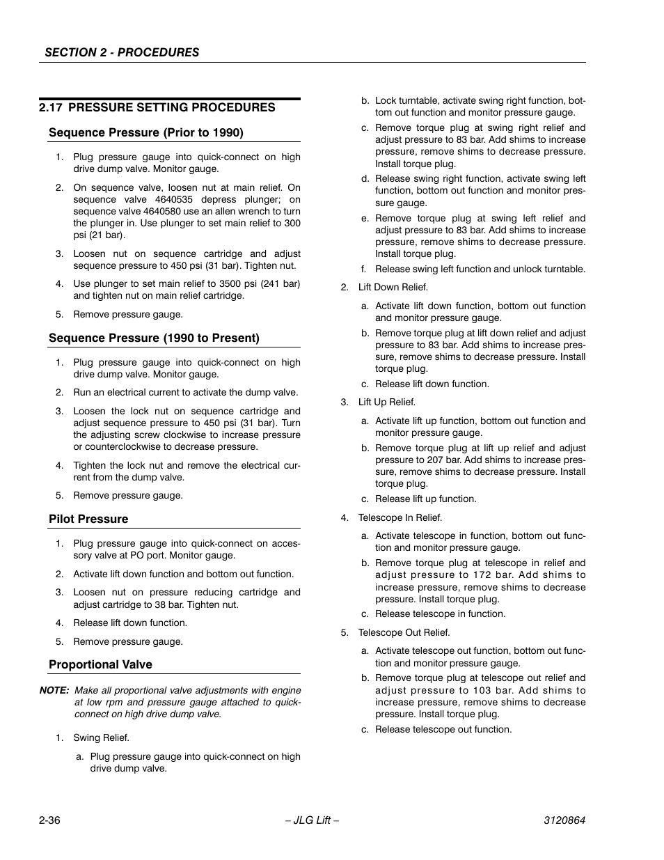 17 pressure setting procedures, Sequence pressure (prior to 1990), Sequence pressure (1990 to present) | Pilot pressure, Proportional valve, Pressure setting procedures -36 | JLG 110HX Service Manual User Manual | Page 60 / 162