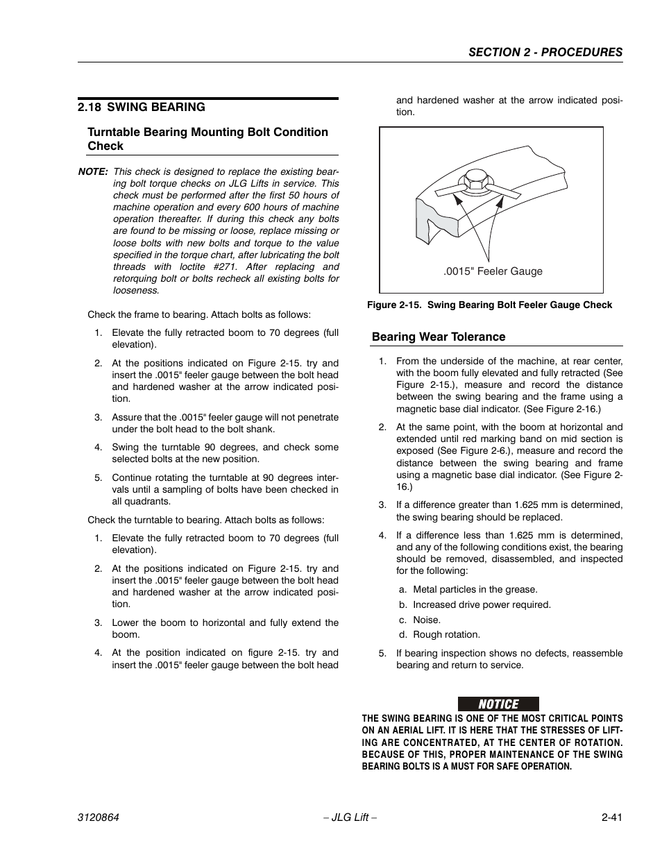 18 swing bearing, Turntable bearing mounting bolt condition check, Bearing wear tolerance | Swing bearing -41, Swing bearing bolt feeler gauge check -41 | JLG 110HX Service Manual User Manual | Page 65 / 162