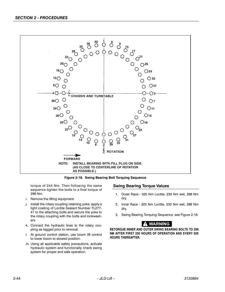 Swing bearing torque values, Swing bearing torque values -44, Swing bearing bolt torquing sequence -44 | JLG 110HX Service Manual User Manual | Page 68 / 162